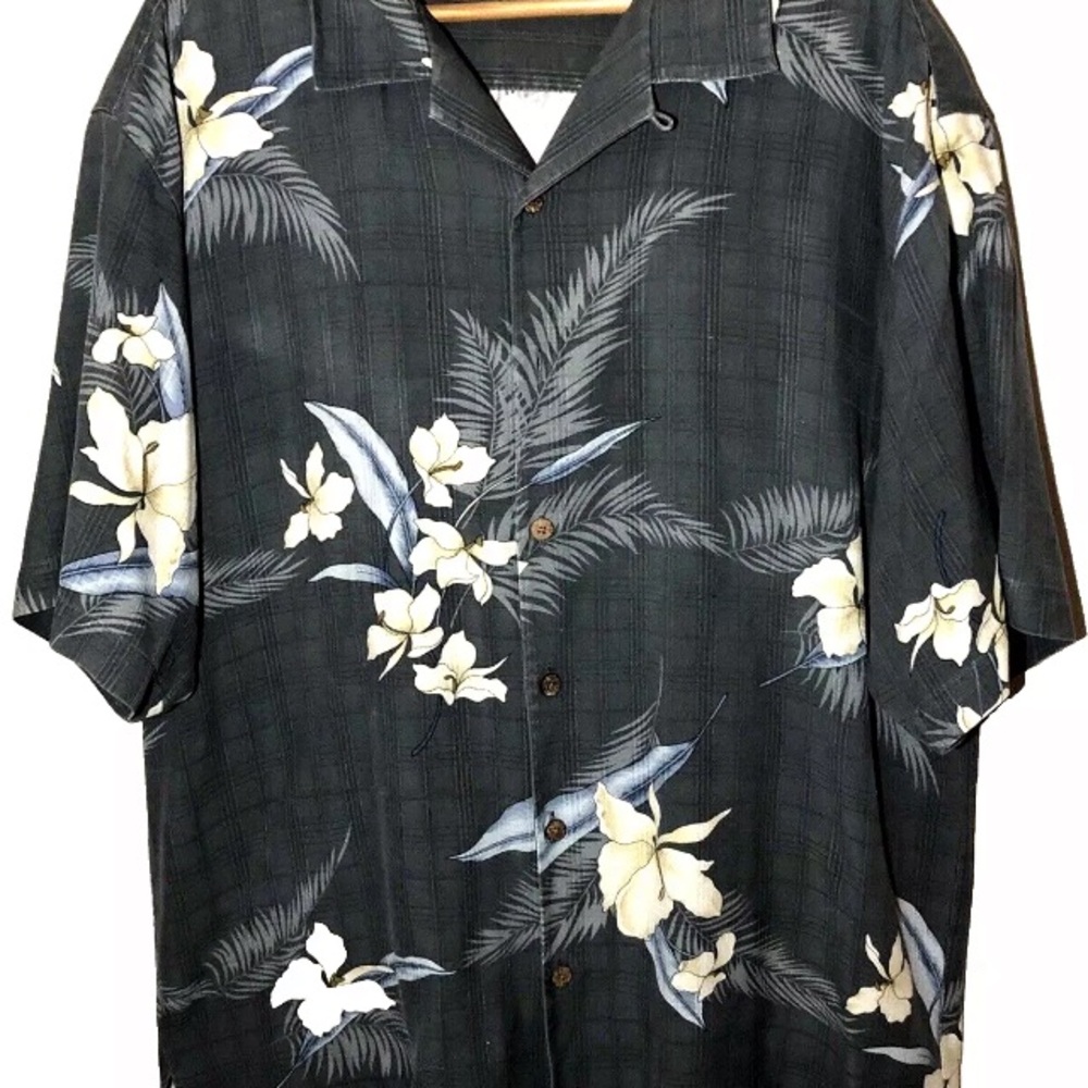 Tommy Bahama Silk Hawaiian Shirt Orchid Print Dark Gray and Tan Size Large